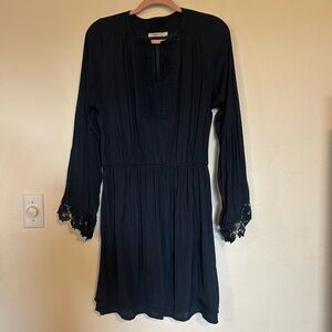 Hagel Large Navy Blue Long Sleeve Crochet Detail Bell Sleeve Boho Dress